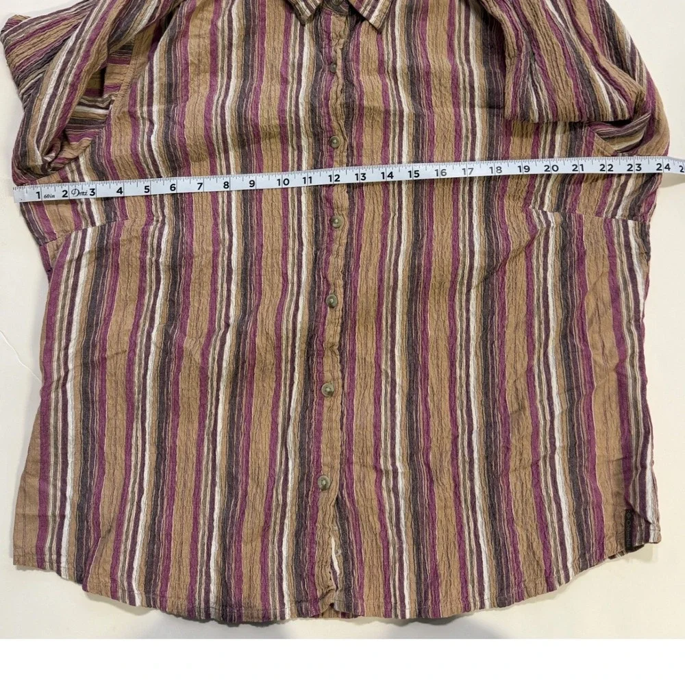 Columbia Womens XL AL7211 Striped Long Sleev Button Down Shirt Purple Tan Cotton